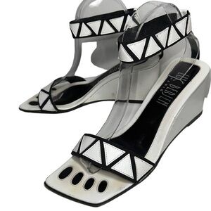 Luc Berjen Paris 40 9.5 White Black Leather Mod Retro Ankle Strap Wedge Heels
